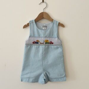HAND SMOCKED EUC Boys Hand Smocked Construction Trucks Seersucker Jon Jon